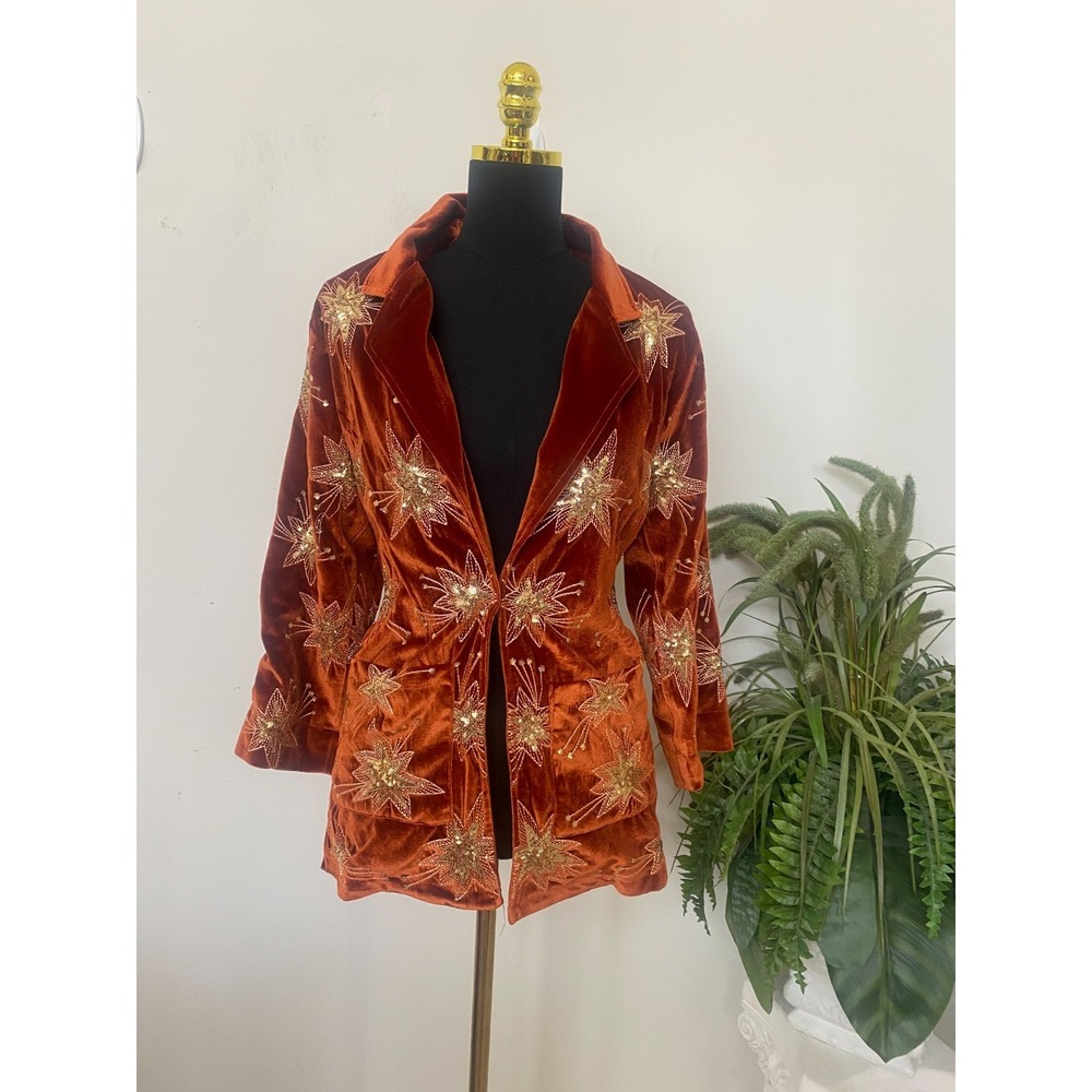 Lenni Embroidered Sequin Burnt Orange Velvet Open Front Jacket Size S EUC! $250